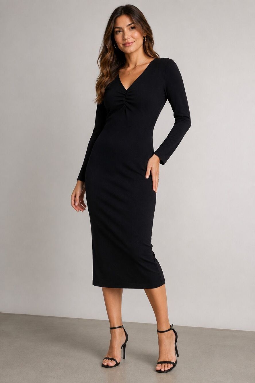 ZARA Black Long Sleeve Ruched V-Neck Midi Dress Womens XL Bodycon Stretch